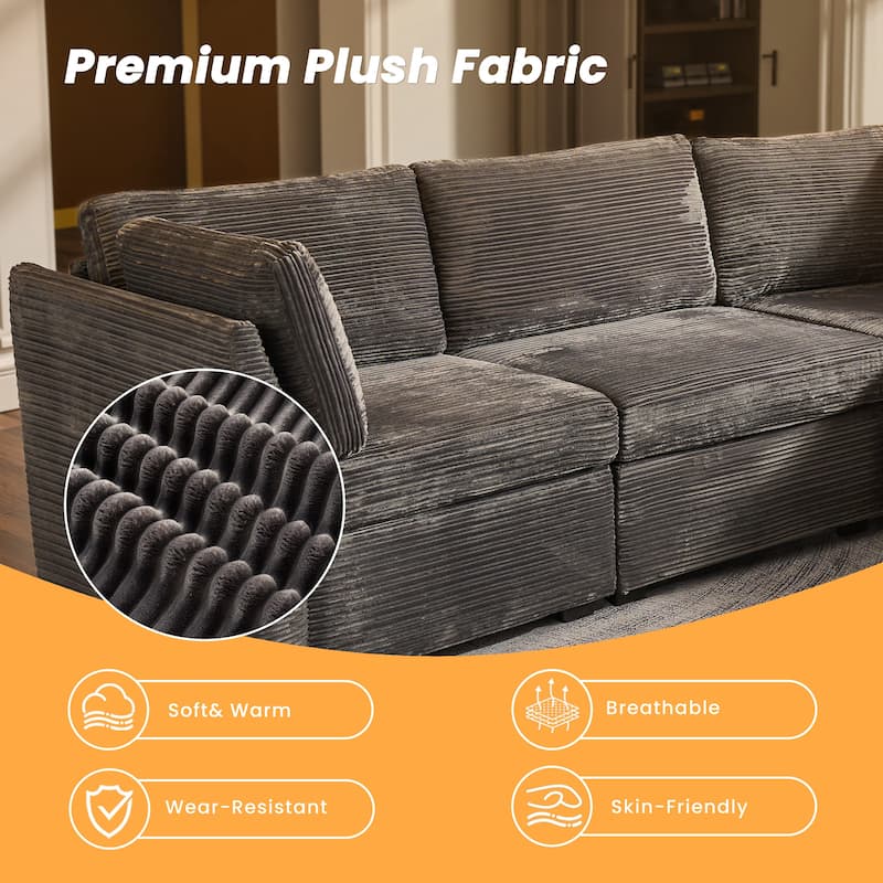 HOOOWOOO Modular U-shaped Corduroy Fabric Sectional Sofa Couch with Ottoman