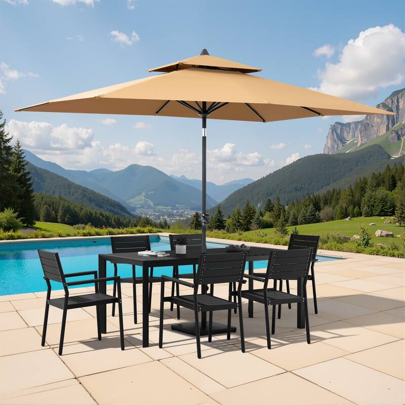 9/11-Piece Outdoor Patio Dining Set Aluminum Dining Table and Stackable Chairs w/10 ft Market Umbrella and Base - Set of 9 - Black Table with Tan Umbrella