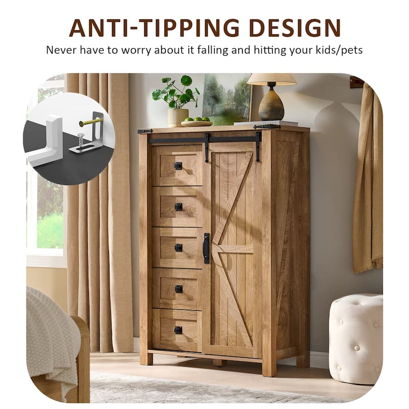 Farmhouse 5 Drawers Dresser, Vintage Chest of Drawers with Barn Door