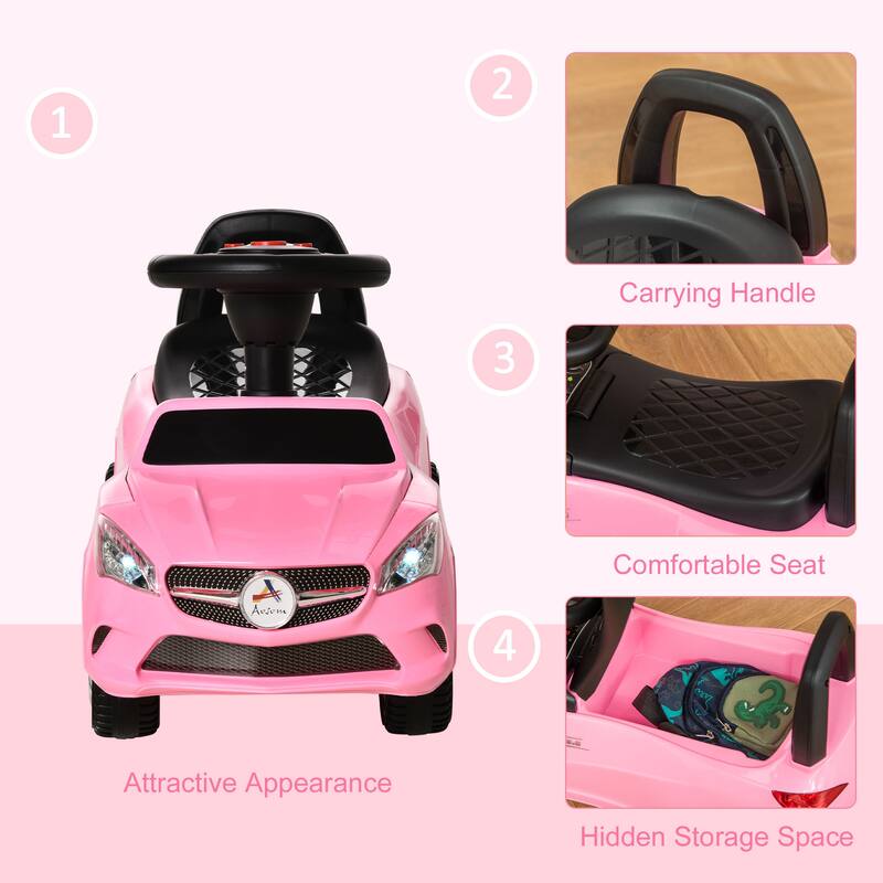 Kids Ride-On Push Car with Horn, Music & Headlights, Foot-to-Floor Toddler Sliding Car with Storage - Pink