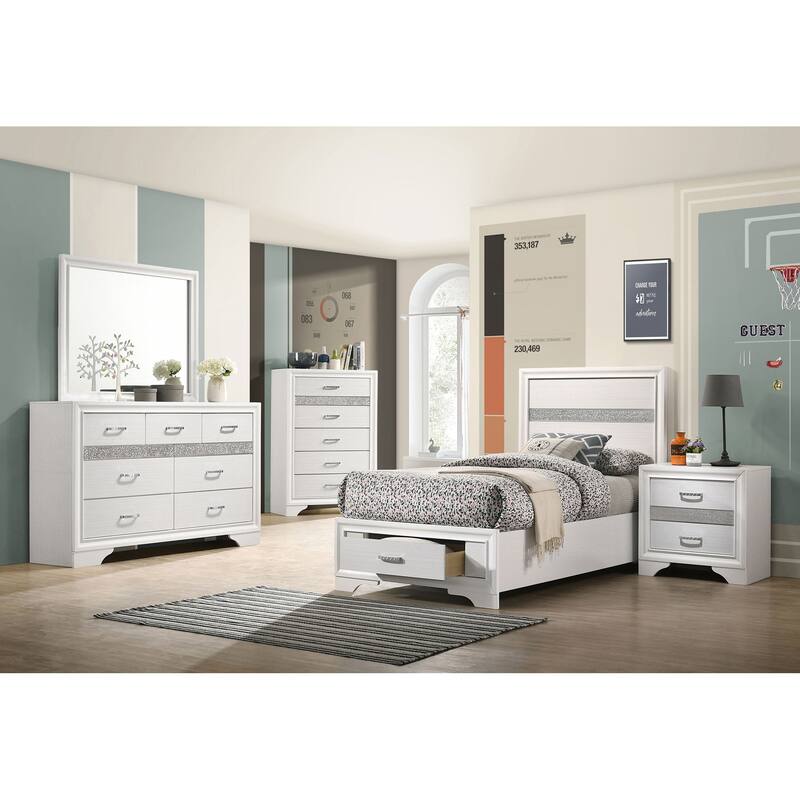 White Twin Storage Bed with Built-in Drawers and Glitter Panels