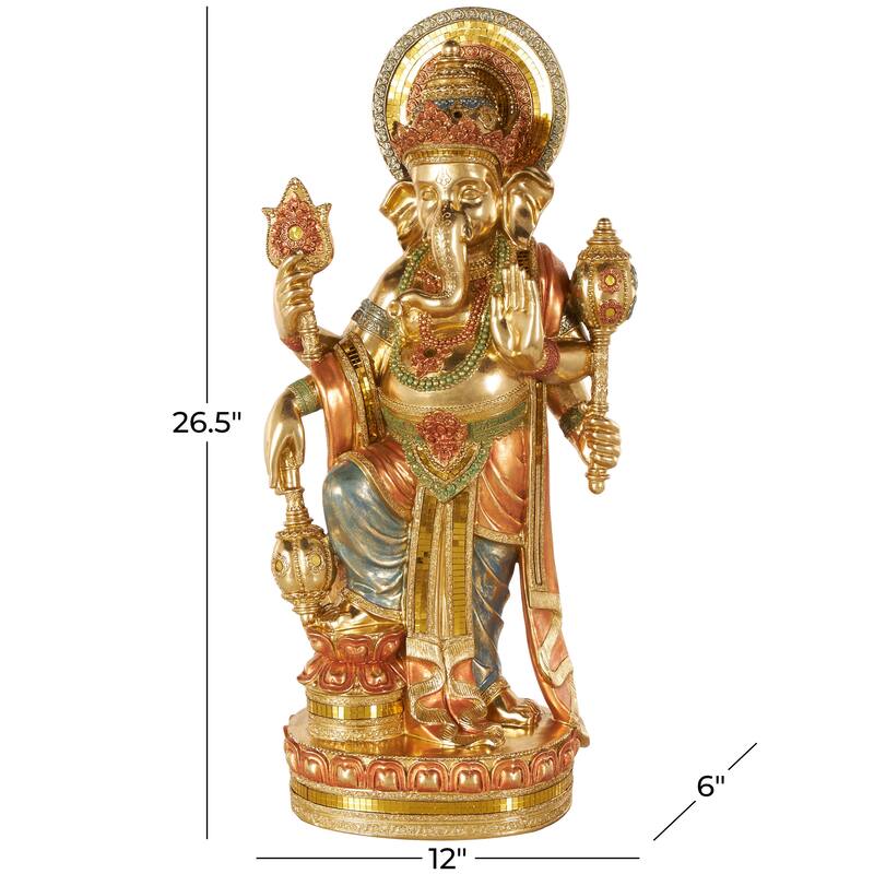Gold Resin Ganesh Decorative Sculpture with Green, Blue, and Red Accents
