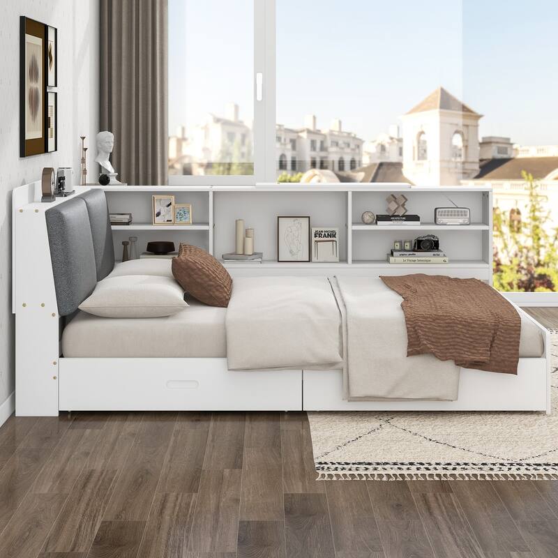 Full Size Wood Platform Bed with Storage Headboard, Shelves, and 2 Drawers in Gray - No Box Spring Required