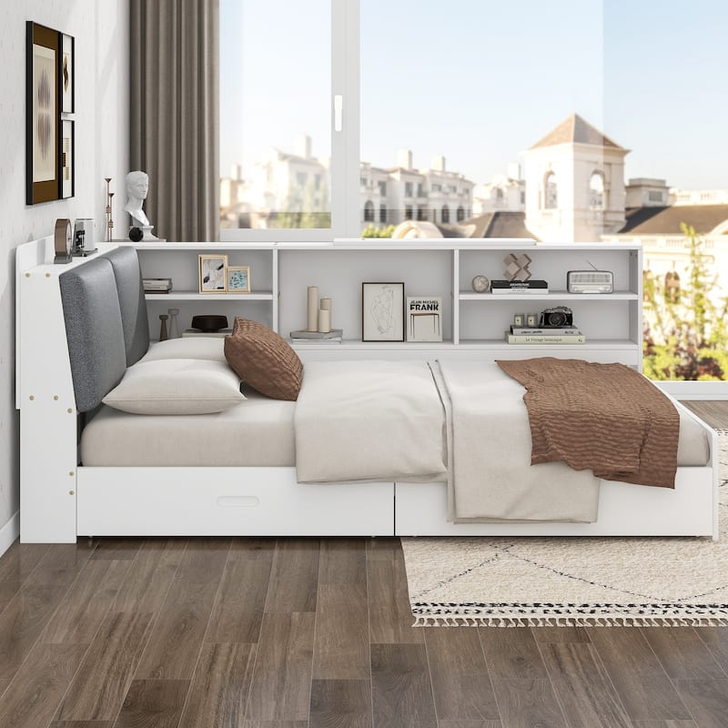 Wood Full Size Modern Platform Bed w/Flip Storage Upholstered Headboard, Shelves & 2 Drawers, Low-Profile Daybed Bed for Bedroom