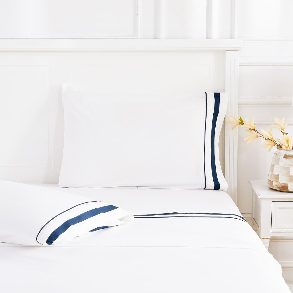 Percale Cotton Hotel Piping Embroidered Crisp Sheet Set