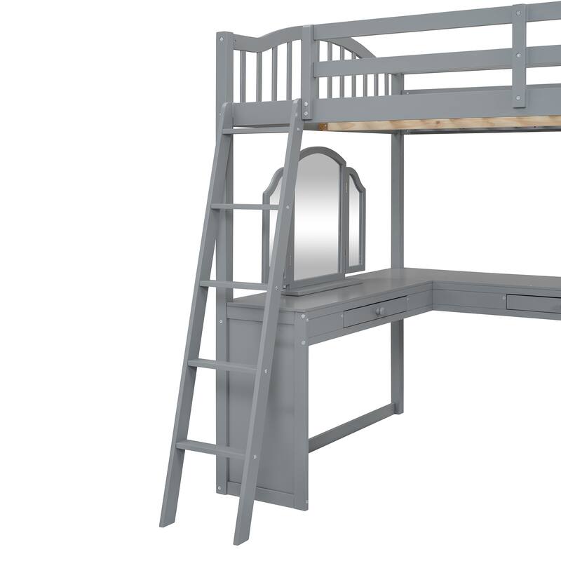 Full Size Pinewood Loft Bed with U-shaped Desk, Storage Compartments, and Tri-fold Mirror