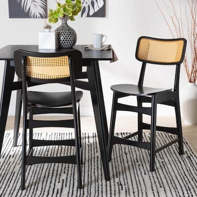 Tafari Mid-Century Modern Wood and Rattan 2-Piece Counter Stool Set