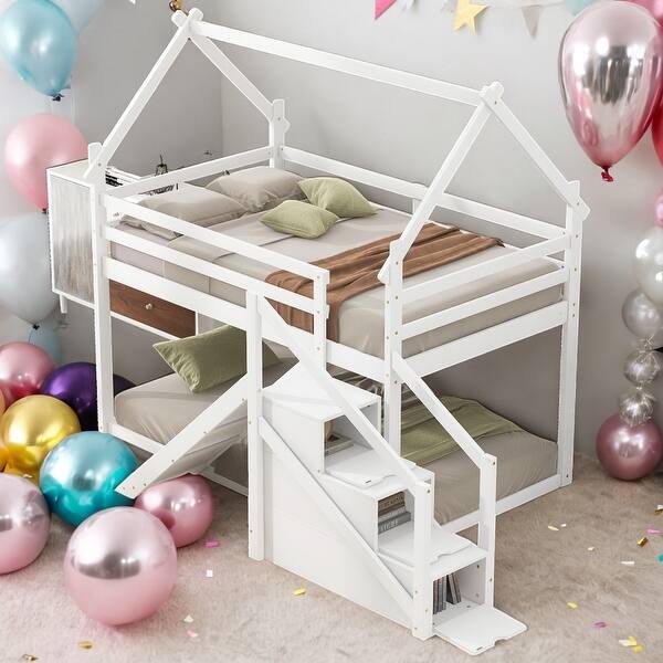 slide 2 of 20, Twin over Twin Functional Design House Loft or Bunk Bed with Slide and Staircase, Storage Space,Easy Assembly,White White