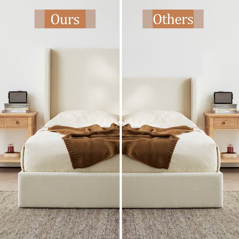 Upholstered Wingback Platform Bed with High Headboard, King Size Platform Bed Frame, Wood and Metal Slat Support, Noise Free