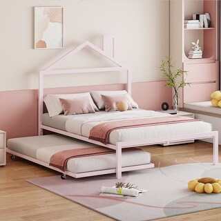 Pink Full Size Metal Platform Bed with trundle, House-Shaped Headboard Design for Kids, Boys and Girls