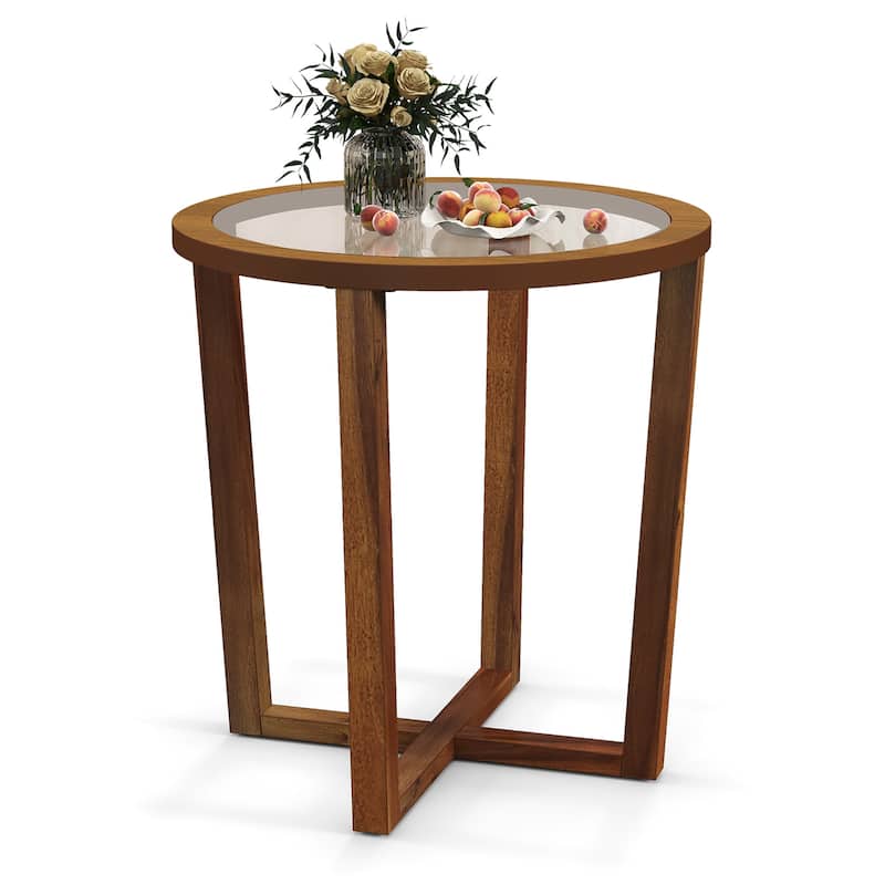 Gymax Modern Round End Table w/ Transparent Tempered Glass Top Solid - Brown - Glass