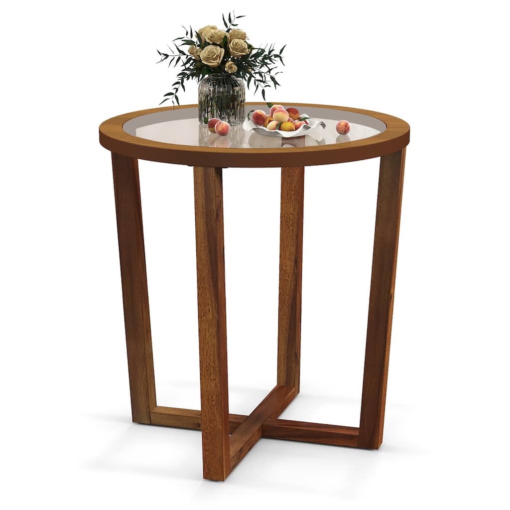 Gymax Modern Round End Table w/ Transparent Tempered Glass Top Solid