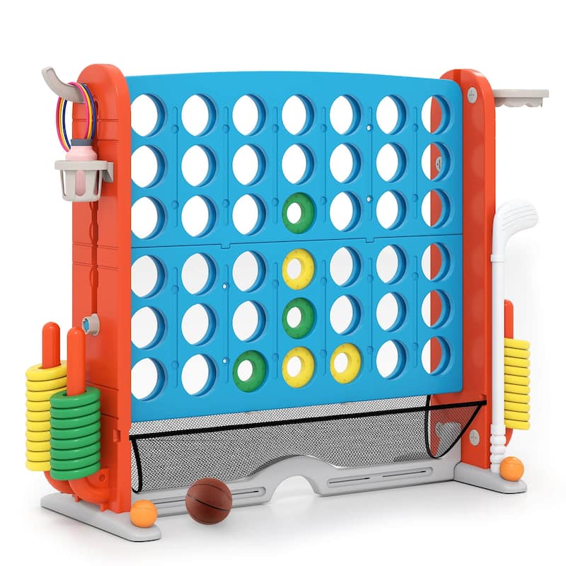 Costway Giant 4-in-a-Row Game Set with Ring-toss, Basketball Hoop, - See Details - Green + Orange