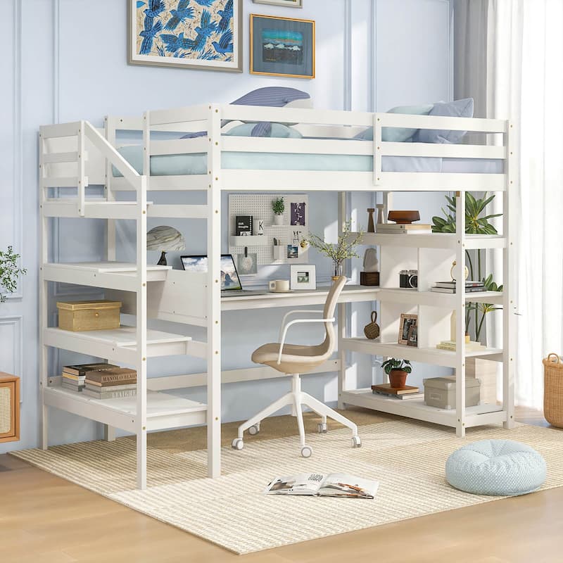 Gymax Twin Size Loft Bed w/ Desk & Storage Stairs Solid Wood Loft Bed