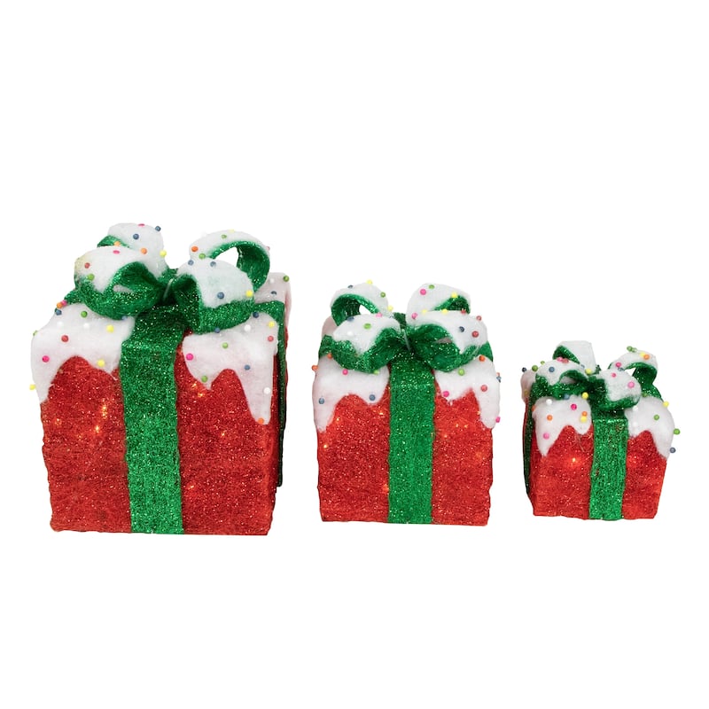Set of 3 Lighted Snow and Candy Covered Sisal Gift Boxes Christmas Outdoor Decorations - 11.75"