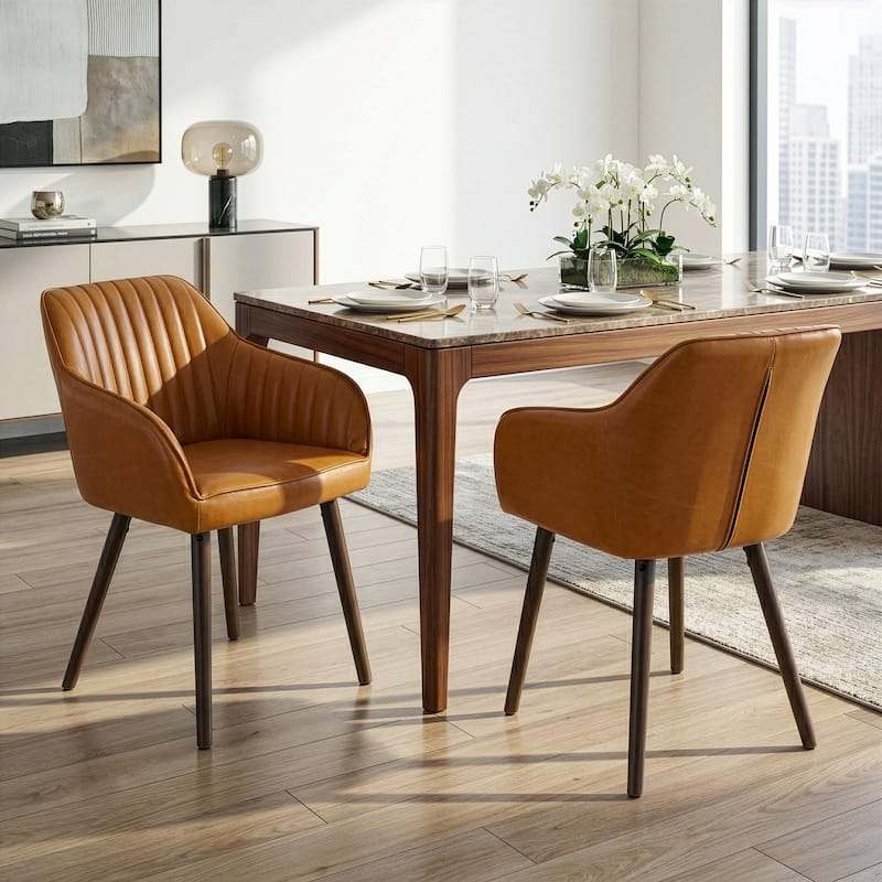 Alaura Caramel Brown Faux Leather Arm Chair with Beech Legs (Set of 2)