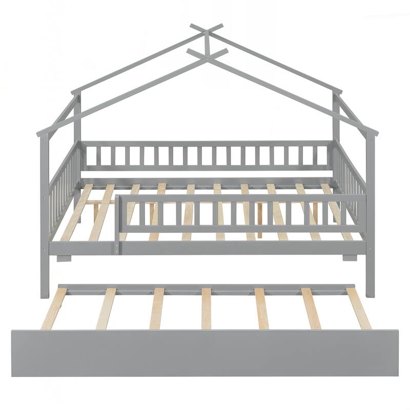 Full Size Wooden House Bed with Twin Size Trundle