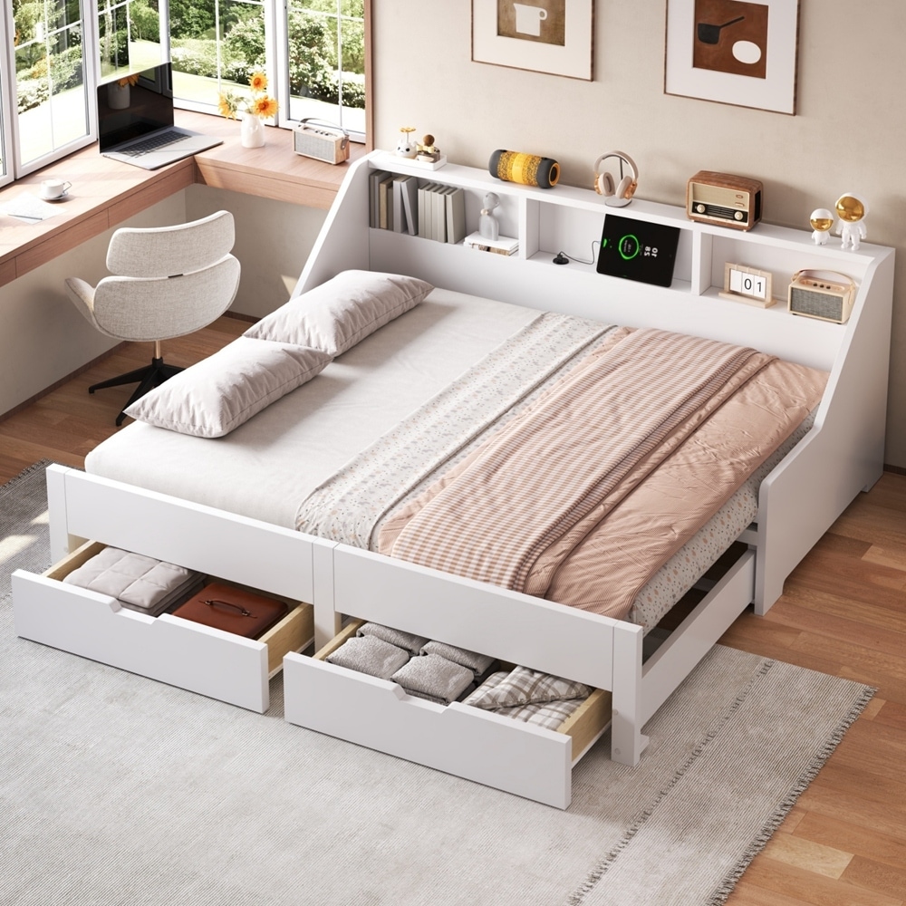 Twin to King Size Daybed Frame with Storage Bookcases and Two Drawers