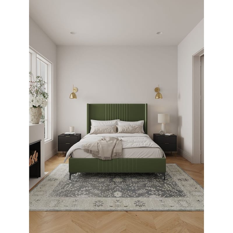 Manhattan Comfort Promenade Mid-Century Modern Velvet Upholstered Bed - Moss Green - Queen