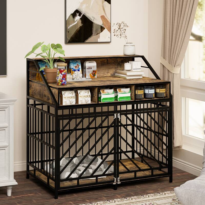 43.3 inch Dog Crate for Large Dogs,Wooden Dog Crate with Divider,Double Door Dog Kennel with 3 Drawers,Heavy Duty Dogs House
