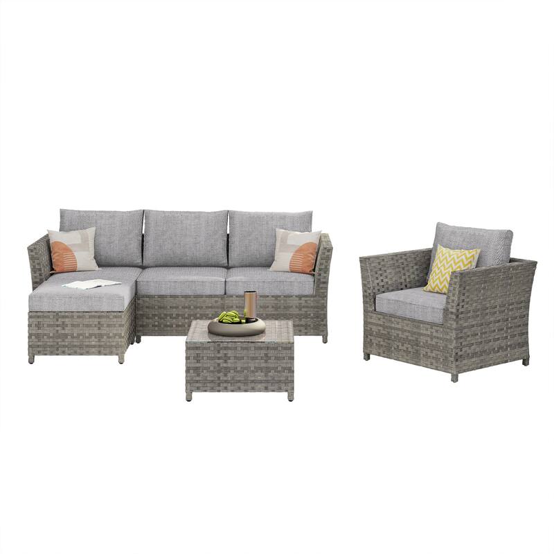 HOOOWOOO 6-piece Grey Rattan Patio Furniture Outdoor Sectional Set with Ottoman