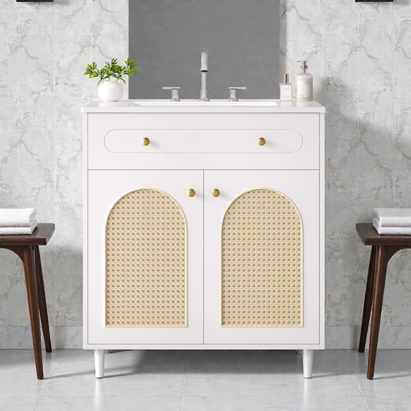 30 Inch Bathroom Vanity with Ceramic Sink, Solid Wood Frame Vanity Cabinet with Rattan Panels and Tip-Out Drawer - White