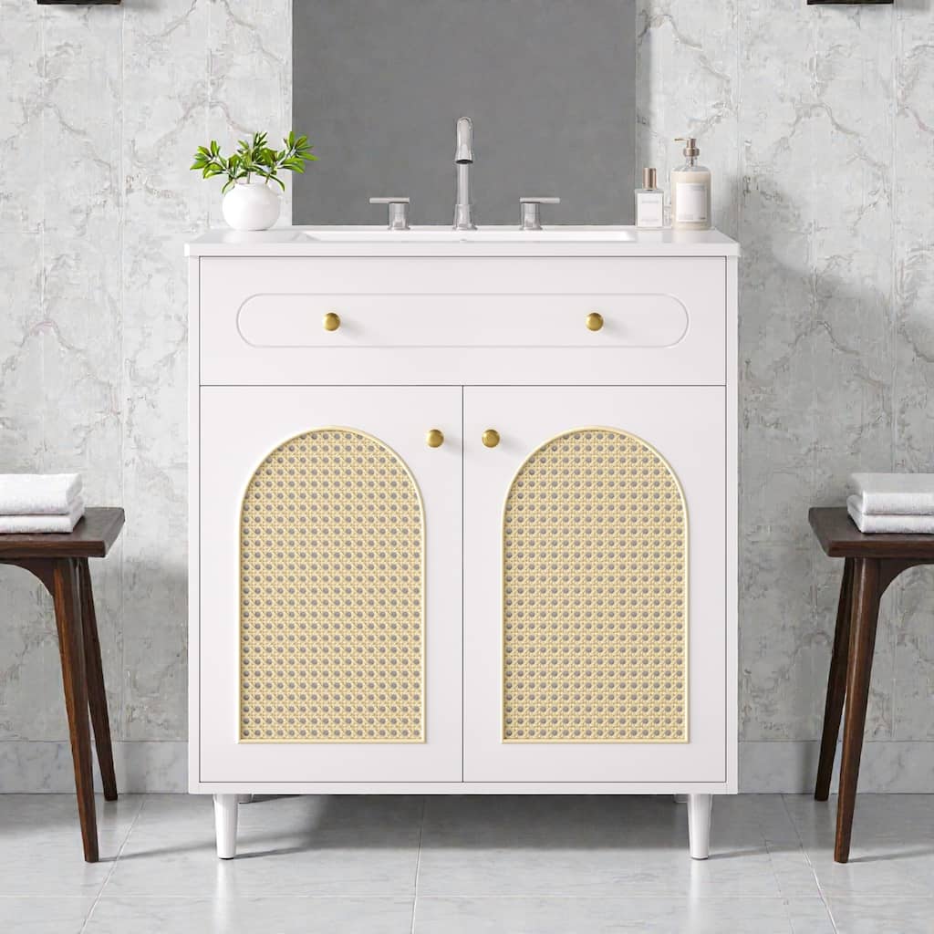 30 Inch Bathroom Vanity with Ceramic Sink, Solid Wood Frame Vanity Cabinet with Rattan Panels and Tip-Out Drawer