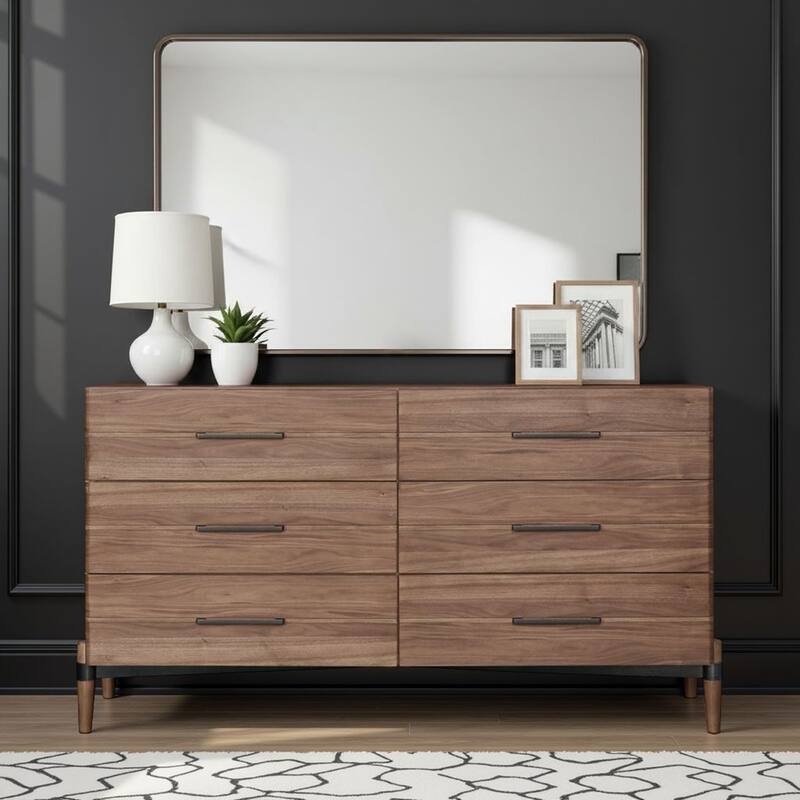 Bridgevine Home Tranquility Six Drawer Dresser, No Assembly Required, Walnut Finish - Walnut - 6-drawer