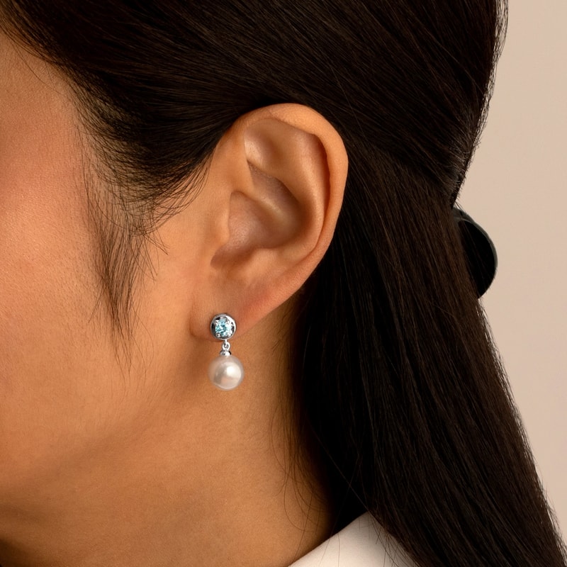 Freshwater Pearl and Aquamarine Birthstone Sterling Silver Drop Earrings