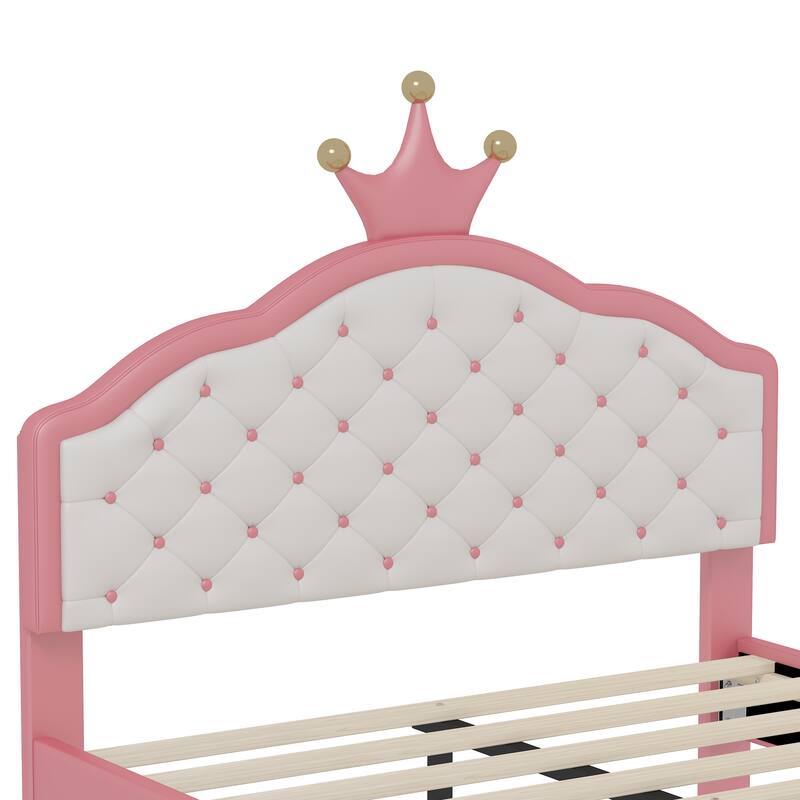 Crown-Shaped PU Leather Princess Bed with Tufted Headboard, Full Size Pink & Cream