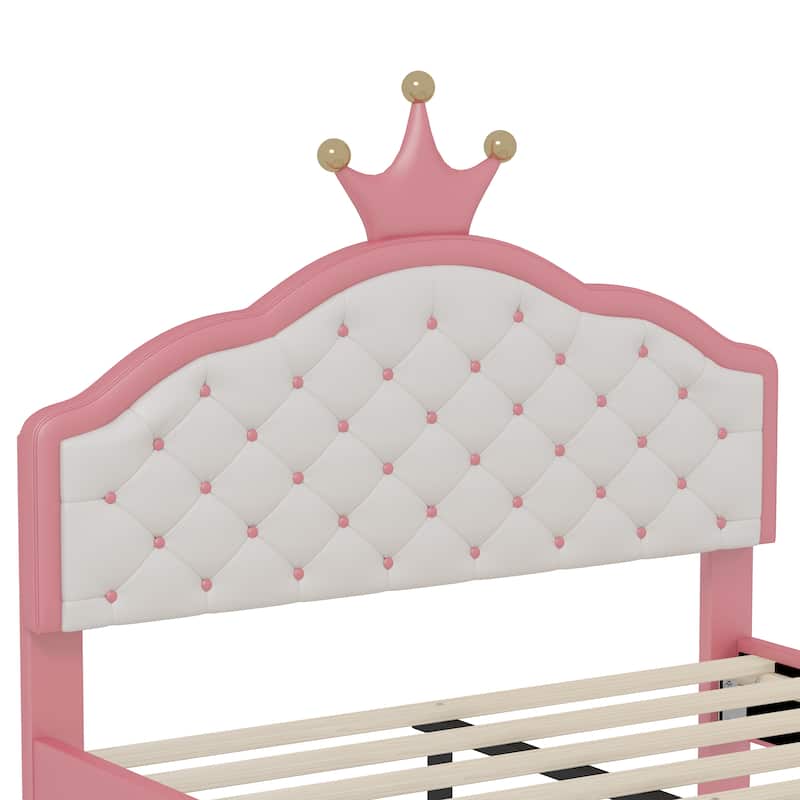 Pink and Cream Princess Bed with Crown Shaped Headboard Tufted PU Leather Upholstery for Girls