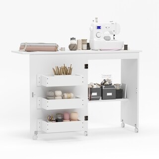 Folding Sewing Craft Table Rolling Sewing Cabinet with 3 Hidden
