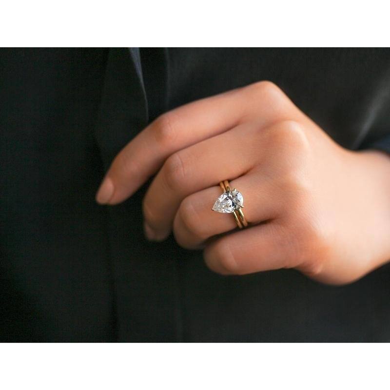 Kobelli Signature Collection 3.6 Carats Moissanite & Diamond 14k Solid Gold Pear Hidden Halo Plain Bands Piper 2pc Bridal Set