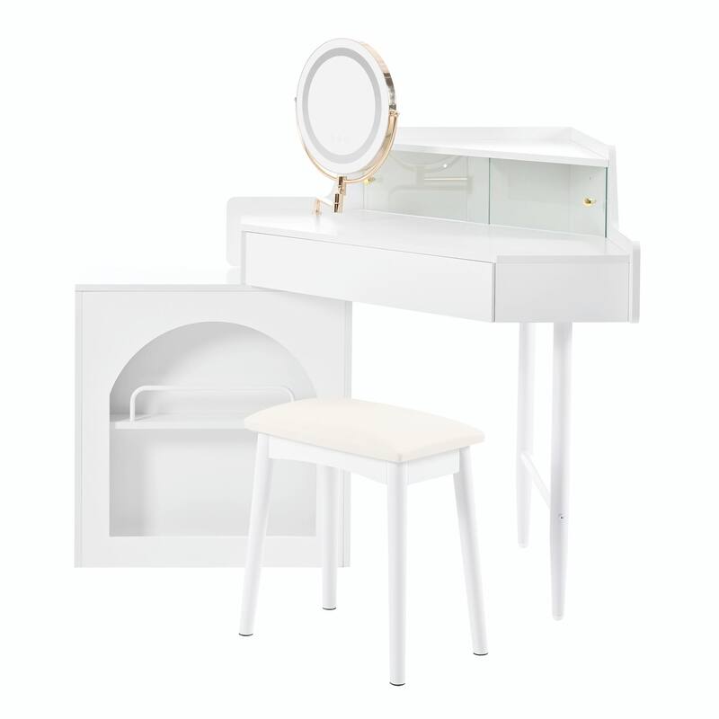 Corner Makeup Vanity Desk with Mirror & LED Lights