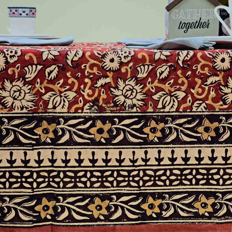 Marigold Bloom Floral Cotton Block Print Tablecloth - 60 x 60 in - Ruby Terracotta