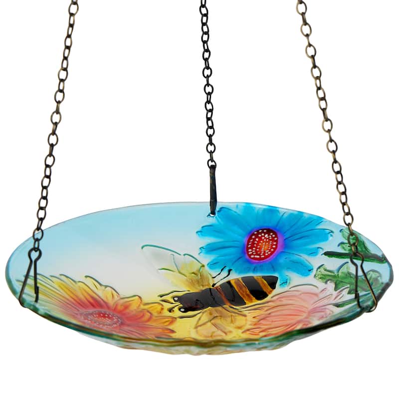 10" Glass Hanging Bird Feeder w/ Flowers and Bee