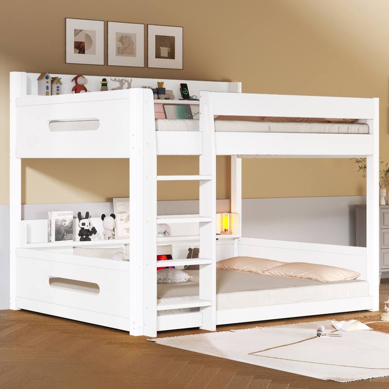 Queen over Queen Bunk Bed with Storage Shelves & Built-in USB Ports, Heavy Duty Metal Frame