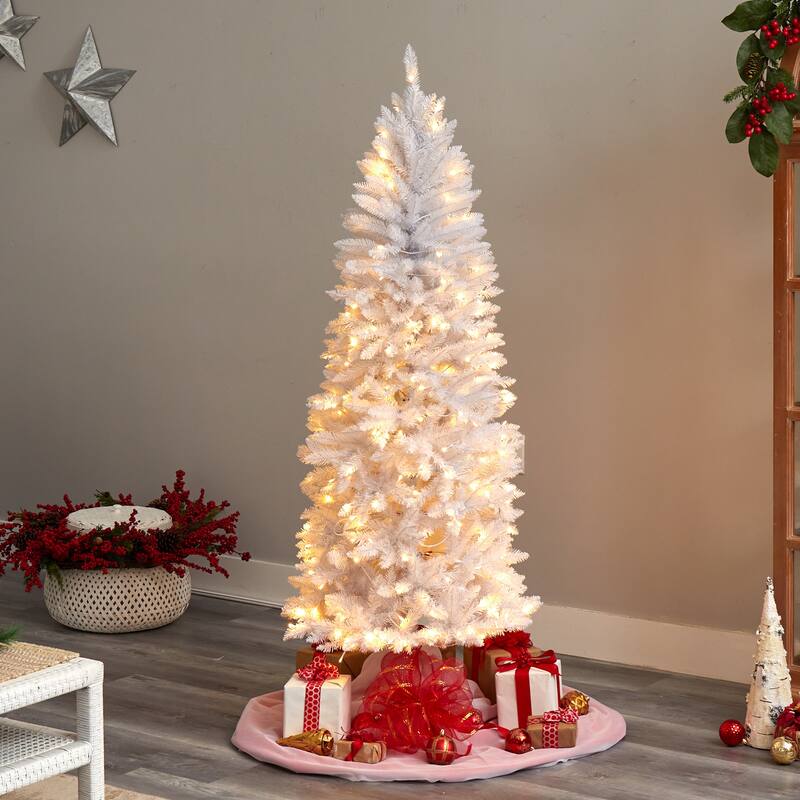 6’ Pre-Lit Slim Artificial White Christmas Tree, Clear LED Lights - 6 Foot