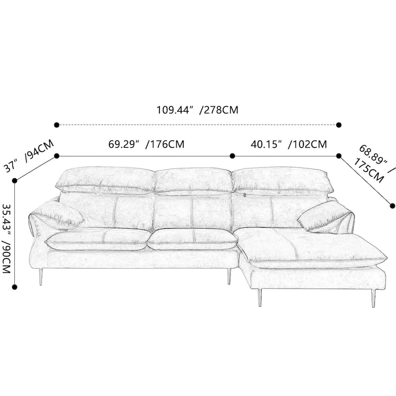 Large Modern Upholstered L-Shaped Down Filled Sofa with Metal Legs