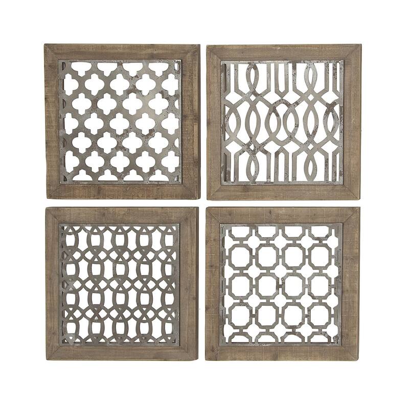 Wood Geometric Home Wall Decor with Silver Metal Trellis Cutouts - Set of 4 Brown - Roche River Decor