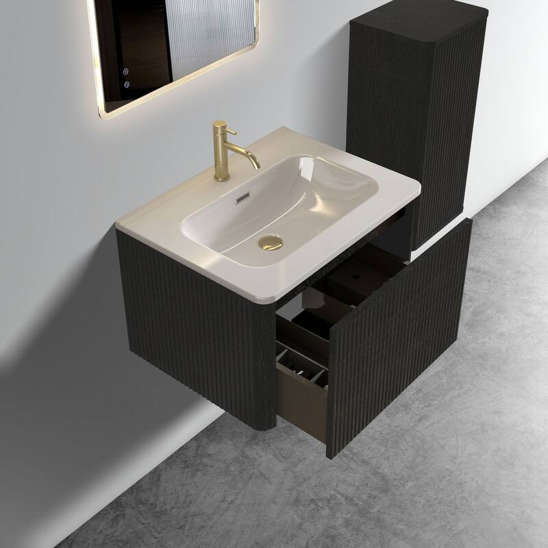 36" Etna Floating Vanity with White Ceramic Sink, Striped Black Oak Texture, Curved Edges
