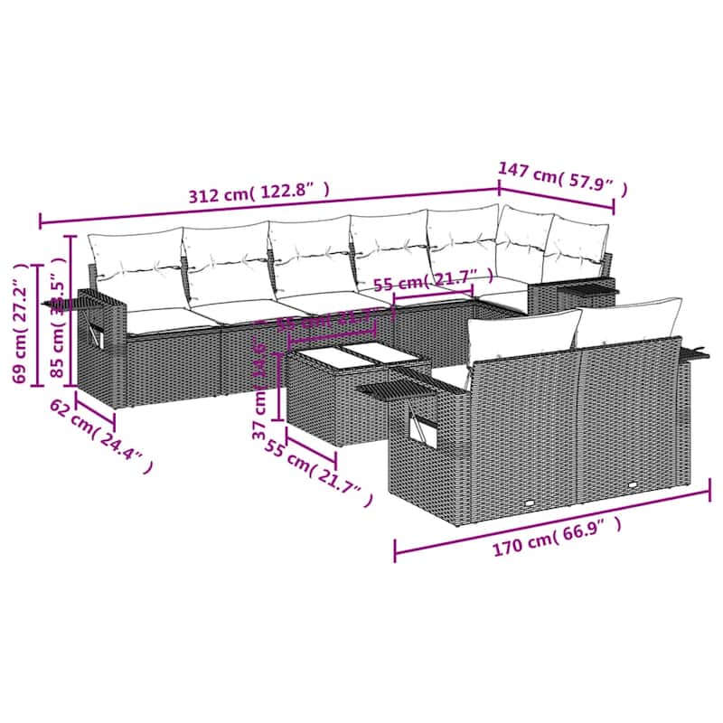 vidaXL Patio Sofa Set with Cushions Outdoor Conversation Furniture Poly Rattan