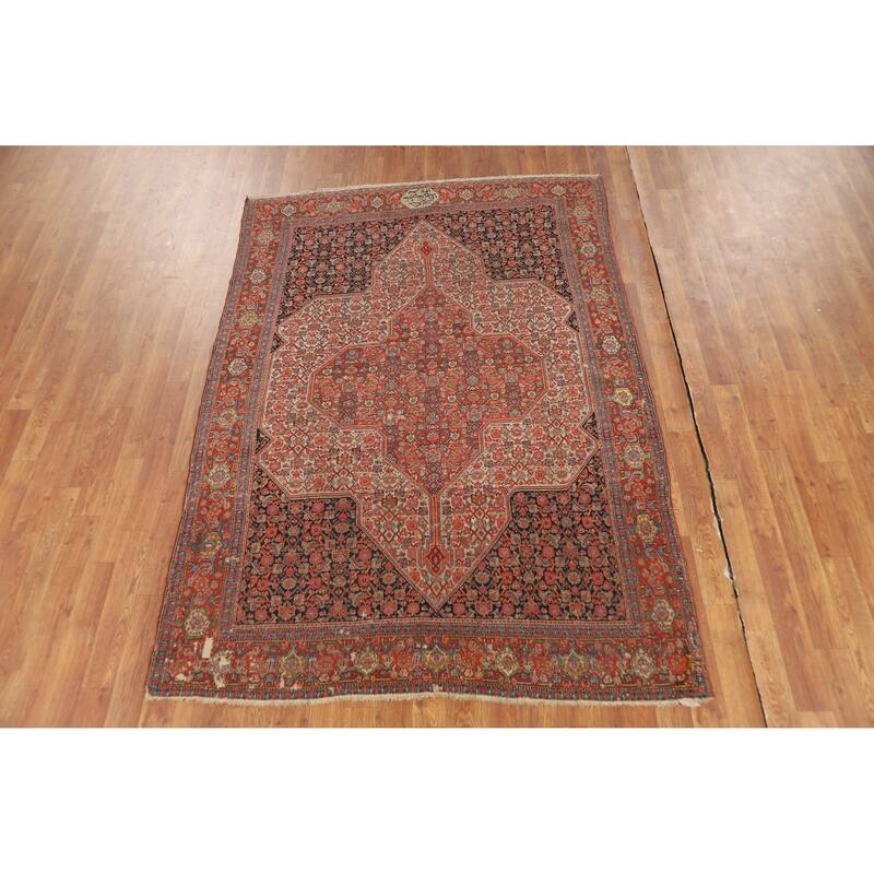 Pre-1900 Antique Vegetable Dye Senneh Persian Rug Handmade Wool Carpet - 4'8" x 6'8"