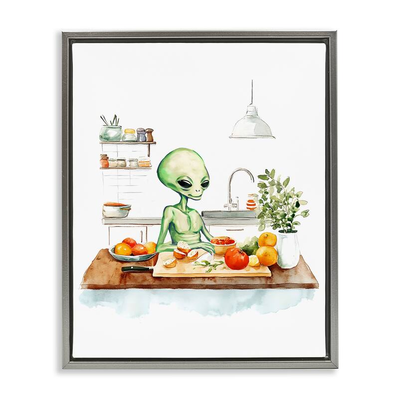 Stupell Alien Cooking in Kitchen Framed Floater Canvas Wall Art Design By Lil' Rue - 17 x 21 - Grey