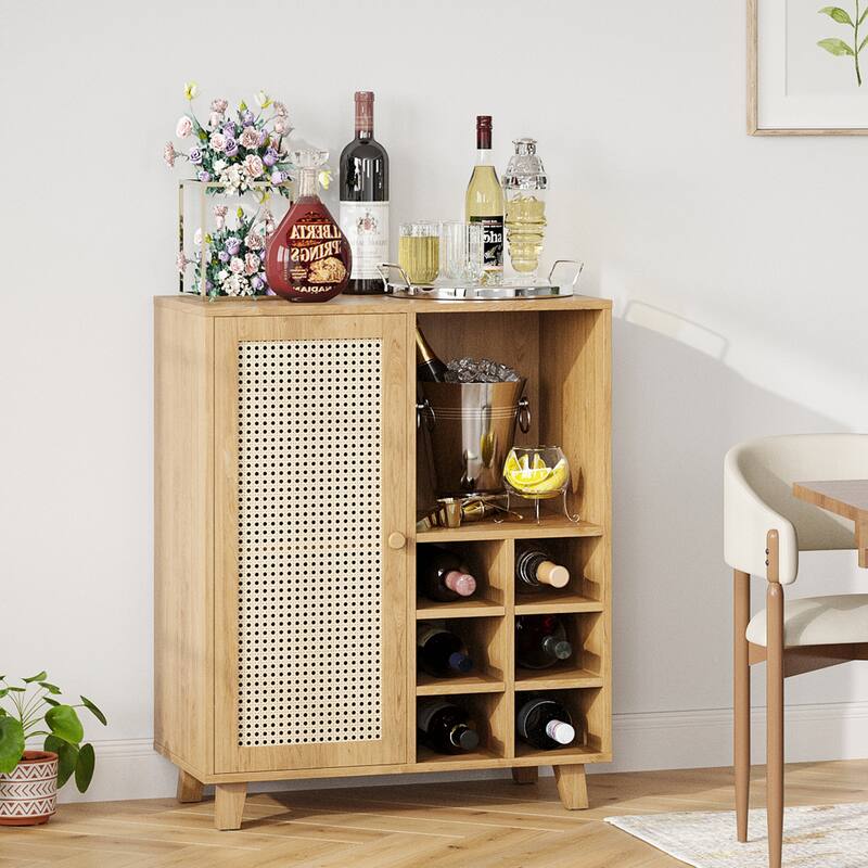 Rossetta 47'' Modern Rattan-Front Door Sideboard Cabinet with Open Shelves and Protective Foot Pads