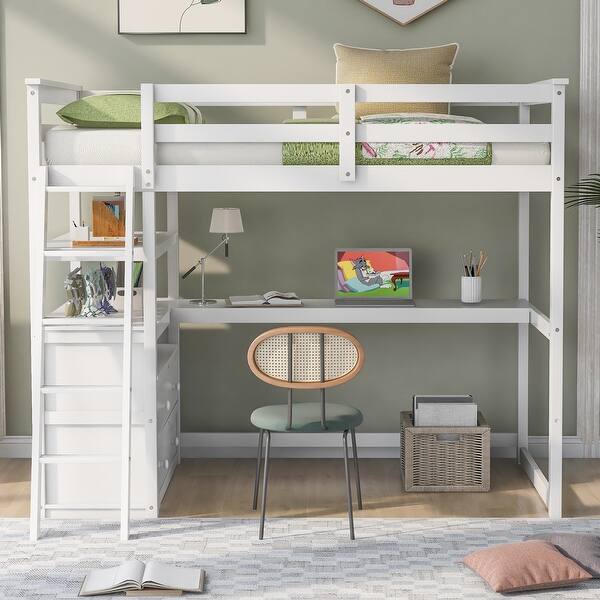 slide 2 of 15, Twin Loft Bed with Desk and Drawers, Modern White Design White