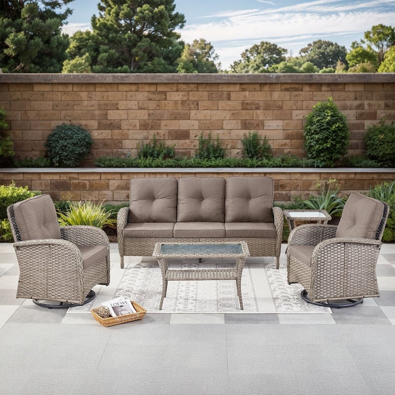 Gymojoy 5-Piece Outdoor Wicker Patio Furniture with 3 Seat Sofa & Swivel Chair, Coversation Set with Water Resistant Cushions