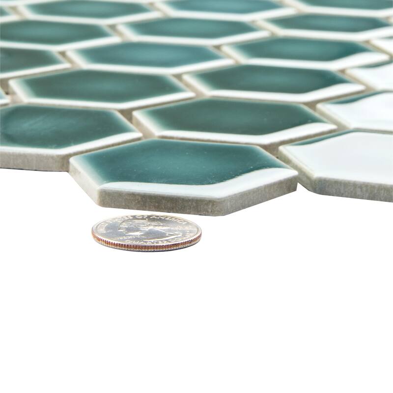 Merola Tile Hudson Due 2" Hex Emerald 10-7/8" x 12-5/8" Porcelain Mosaic Floor and Wall Tile