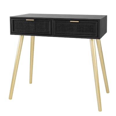 Pia 31 Inch Console Table, Pine Wood, 2 Drawer, Woven Rattan - 31 H x 16.5 W x 31.5 L Inches