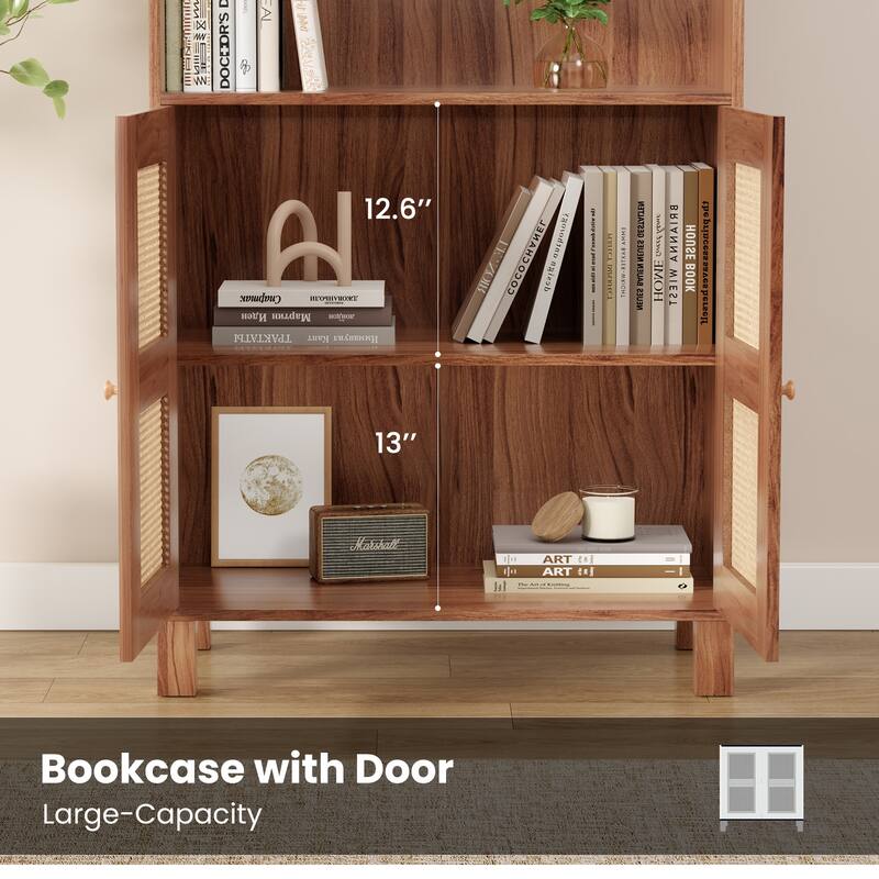Tall Bookcase with Rattan Doors,5 Tier Storage Wood Shelves Large Bookshelf for Library Living Room Bedroom Home Office